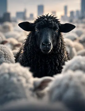 A black sheep standing apart from a white flock